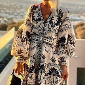 Black Boho Women's Printed Beach Loose Short Mini Dress